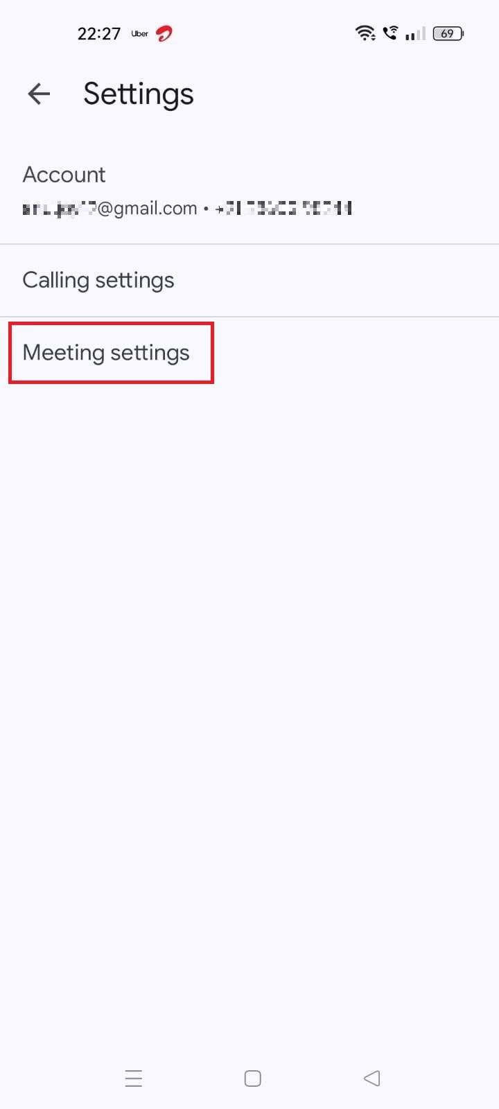 Captura de tela destacando as configurações de reunião no app Google Meet
