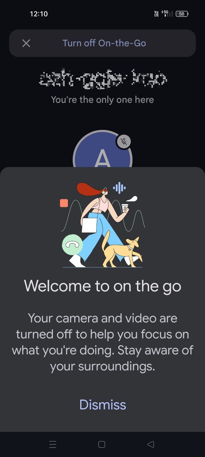 Captura de tela mostrando que o modo On-the-Go está ativo no app Google Meet