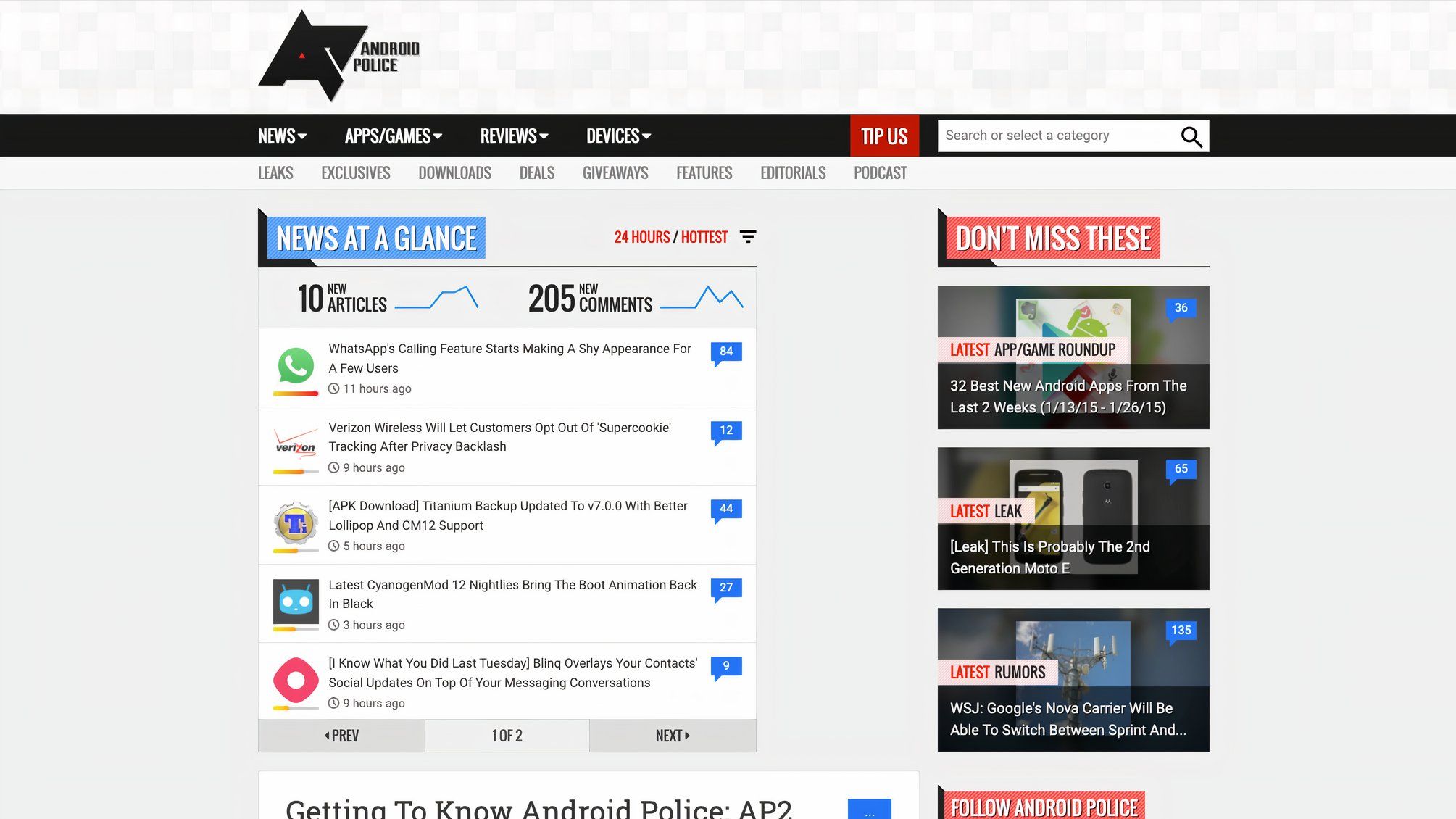Uma captura de tela do Android Police em 2015 após uma grande reformulação