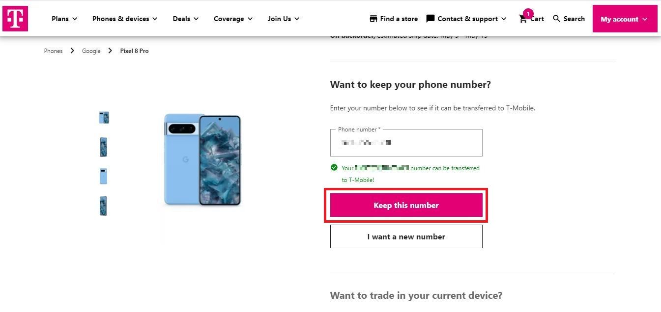 Captura de tela destacando ‘Mantenha este número’ no site da loja T-Mobile