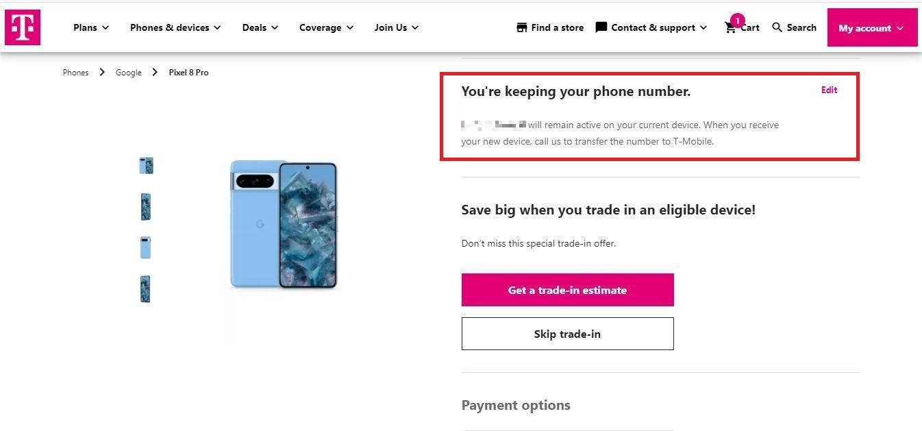 Captura de tela destacando as instruções de transferência de número no site da loja T-Mobile