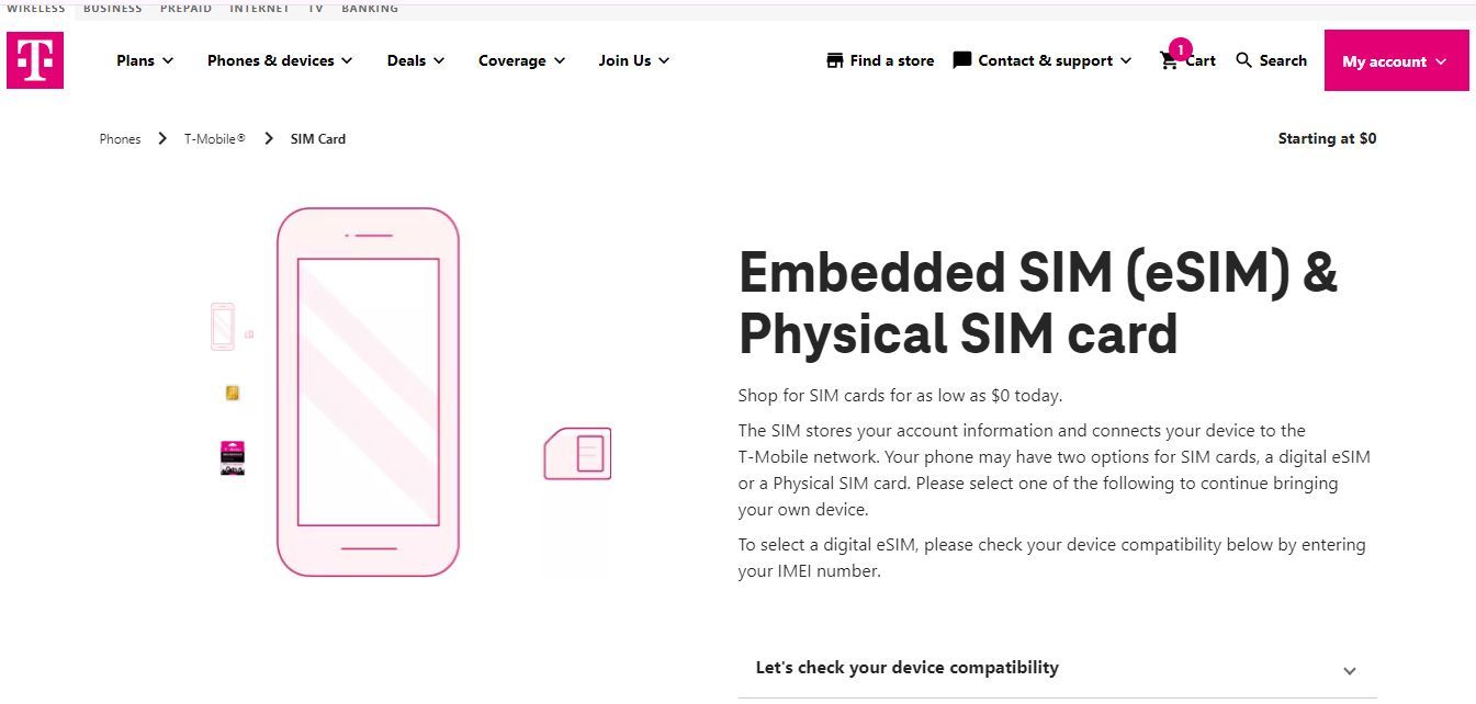 Captura de tela mostrando as opções do cartão SIM no site BYOD da T-Mobile