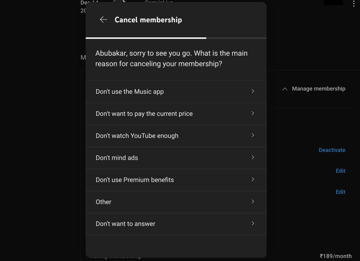 Captura de tela mostrando a janela para selecionar os motivos do cancelamento do YouTube Premium no desktop