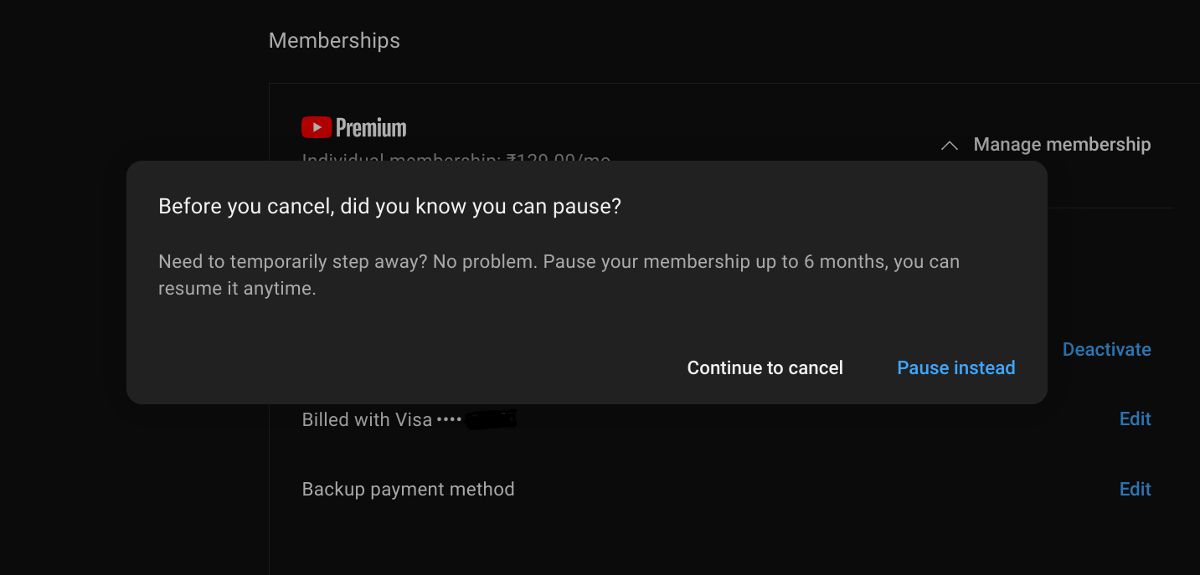 Captura de tela da opção de pausar assinatura do YouTube Premium no computador