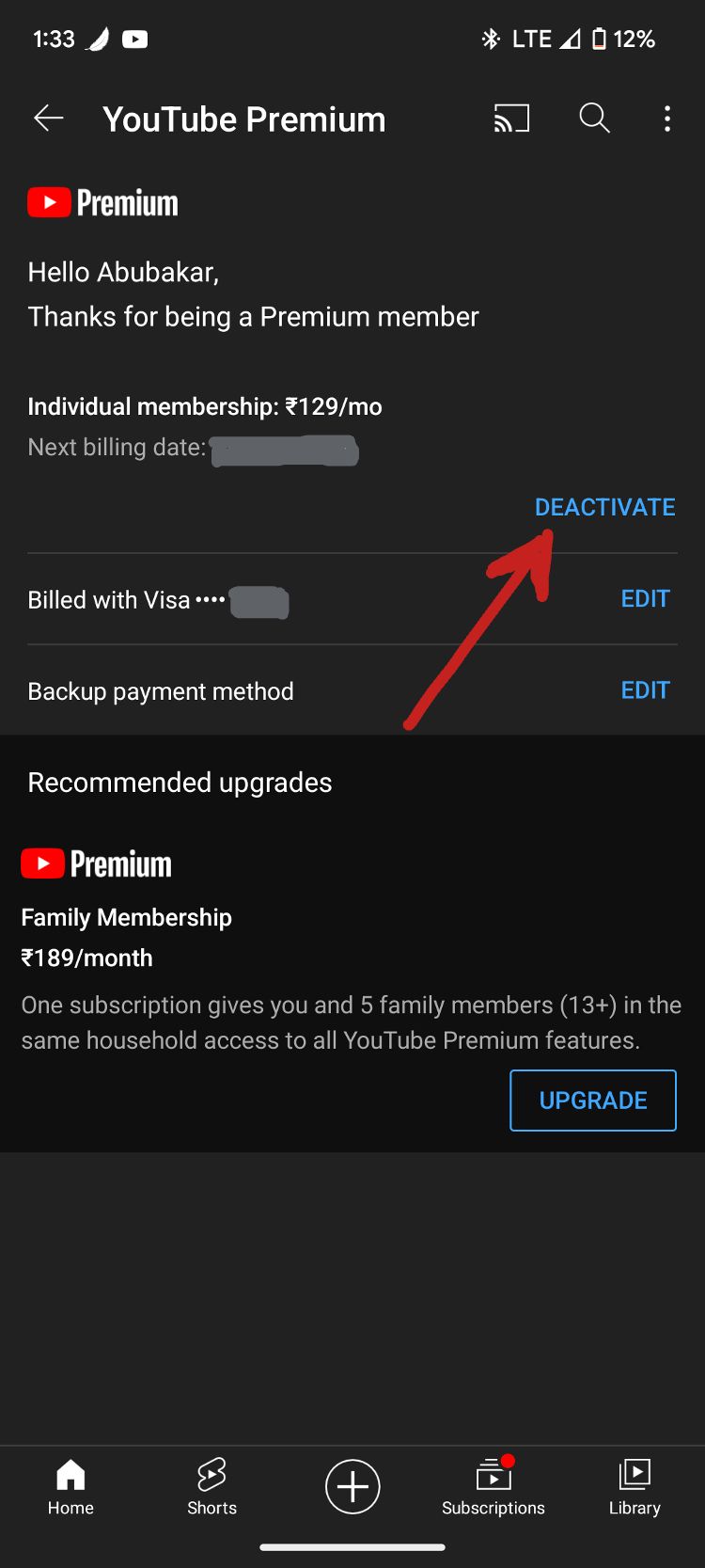 Captura de tela mostrando as configurações de desativação da assinatura do YouTube Premium