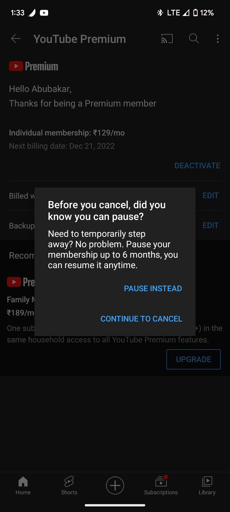 Opções de assinatura premium do aplicativo YouTube para pausar a assinatura