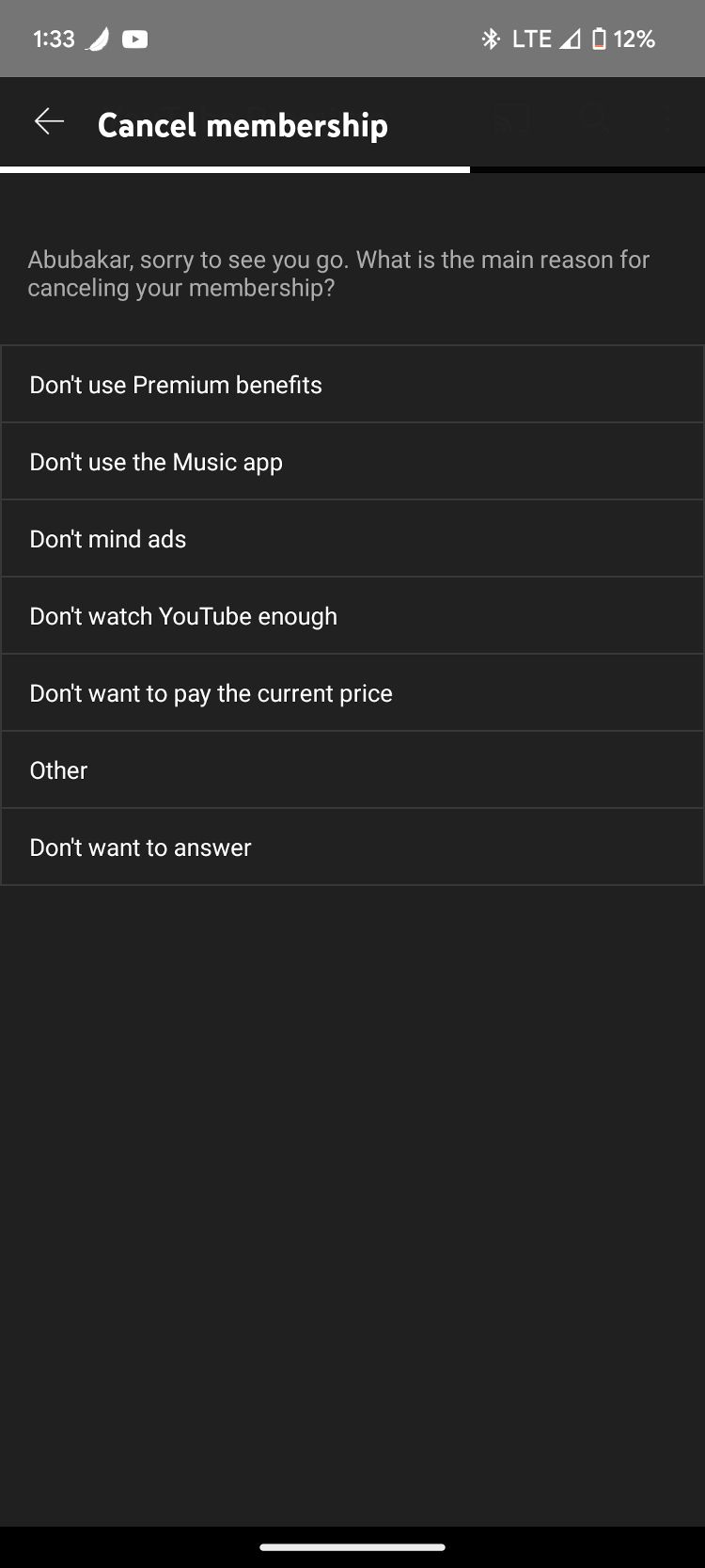 Captura de tela mostrando opções de motivos de cancelamento de assinatura premium do aplicativo YouTube