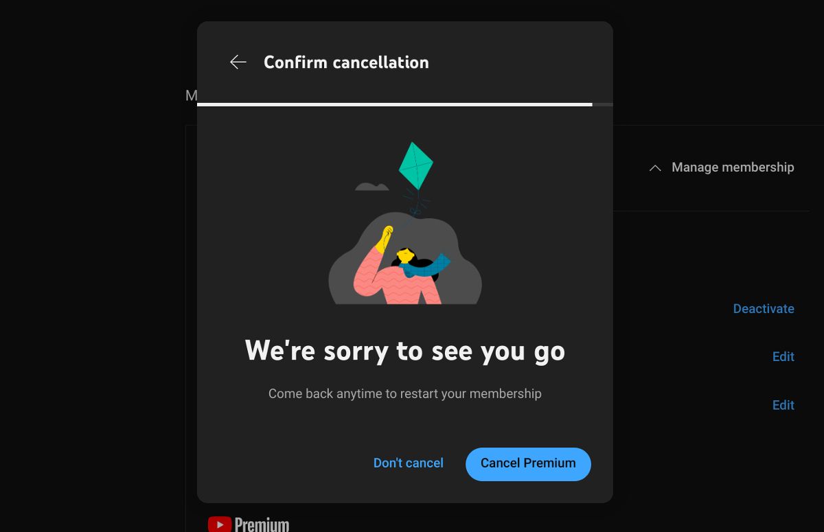 Captura de tela mostrando a janela de cancelamento do YouTube Premium