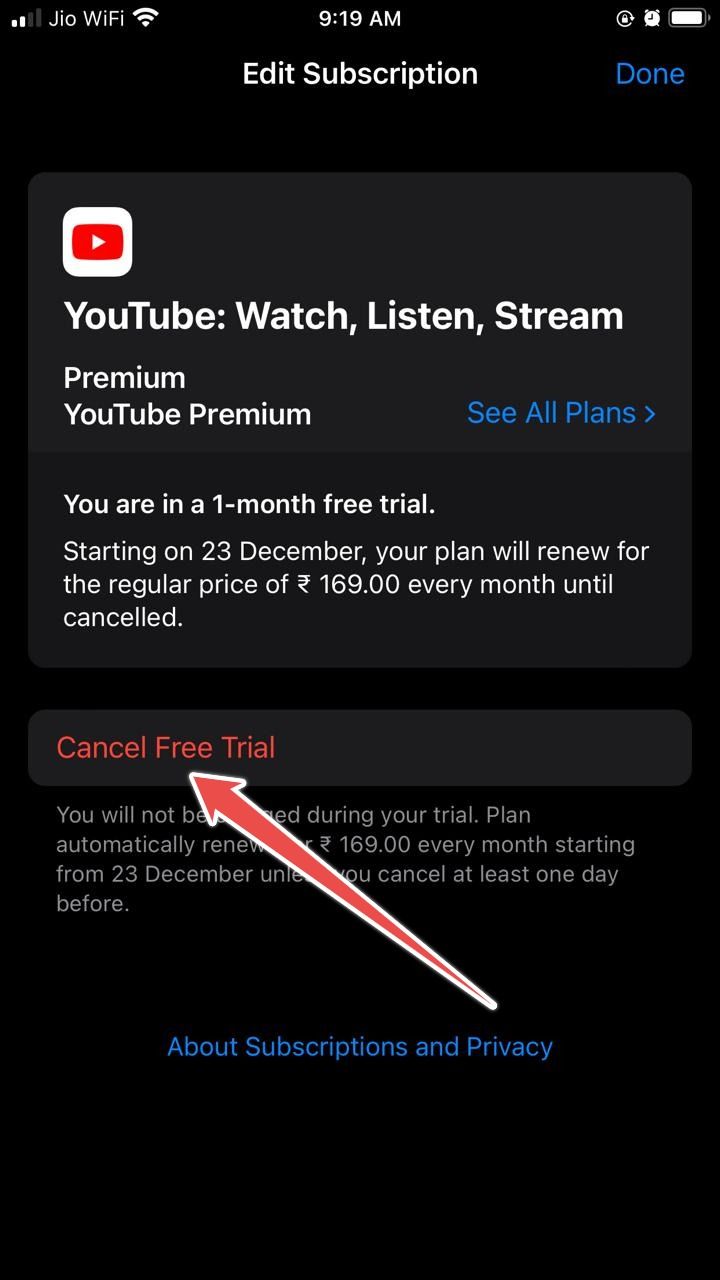 Captura de tela mostrando o botão para cancelar o YouTube Premium no iOS