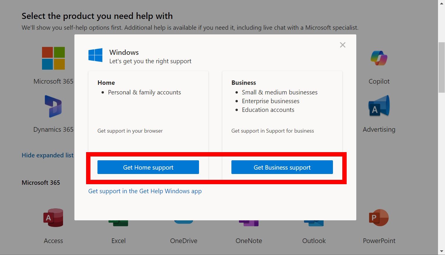 contorno de retângulo vermelho sobre os botões obter suporte doméstico e obter suporte comercial na página de contato do Suporte da Microsoft
