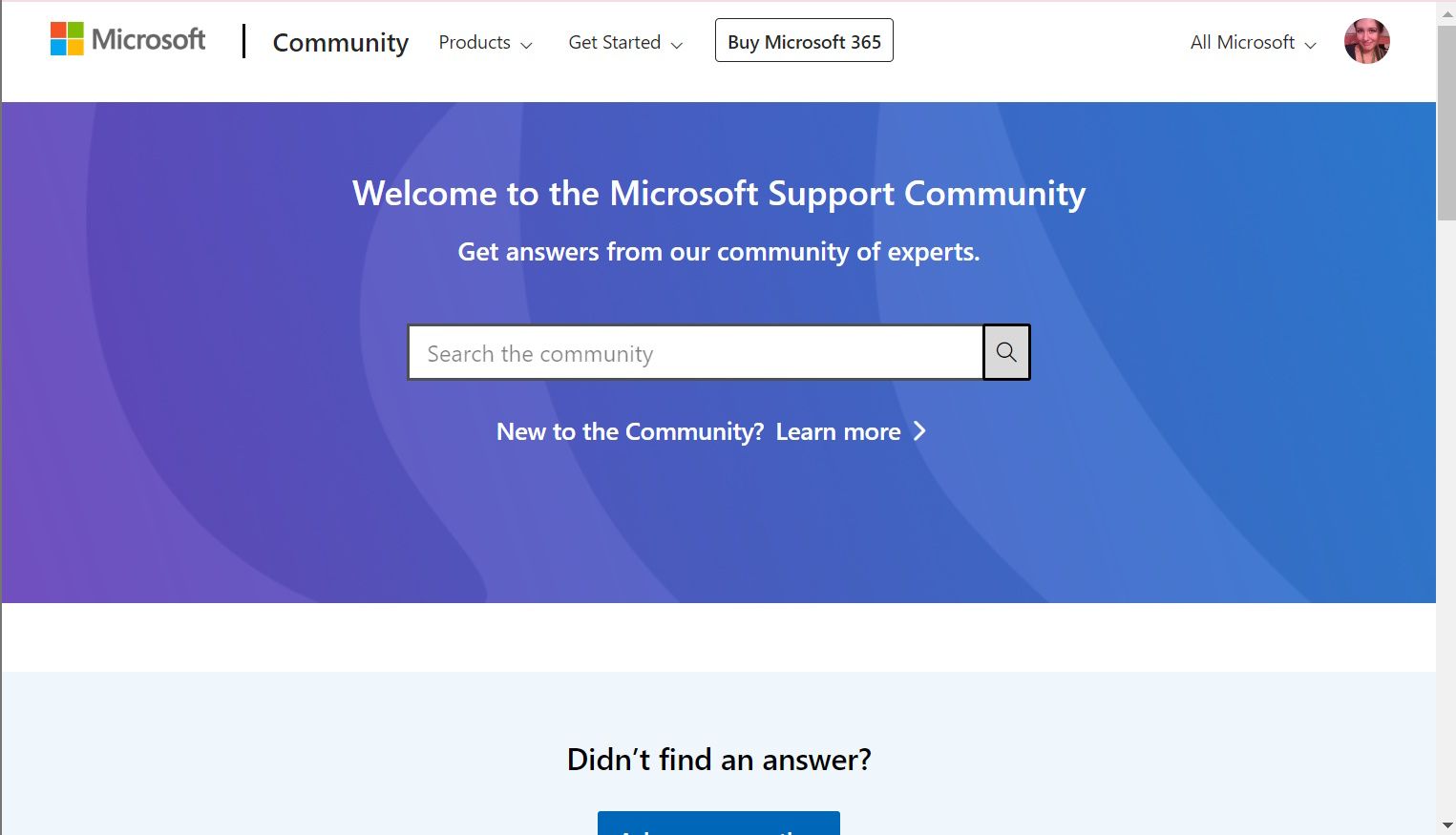 Página da comunidade de suporte da Microsoft com pesquisa na caixa da comunidade 