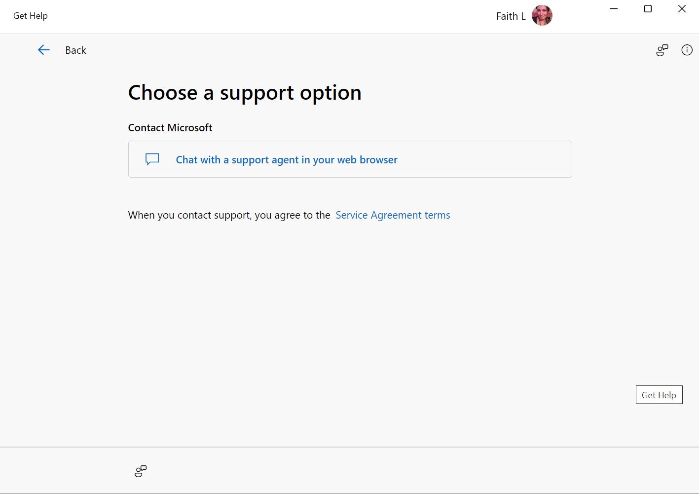 escolha uma opção de suporte no aplicativo obter ajuda do Windows