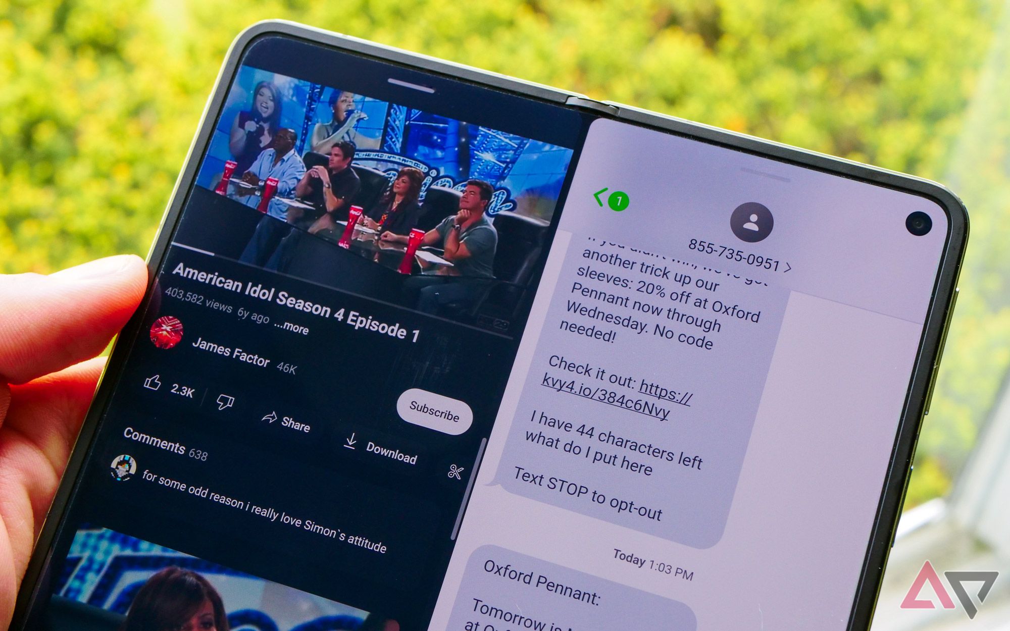 American Idol e mensagens de texto mostradas em tela dividida no OnePlus Open