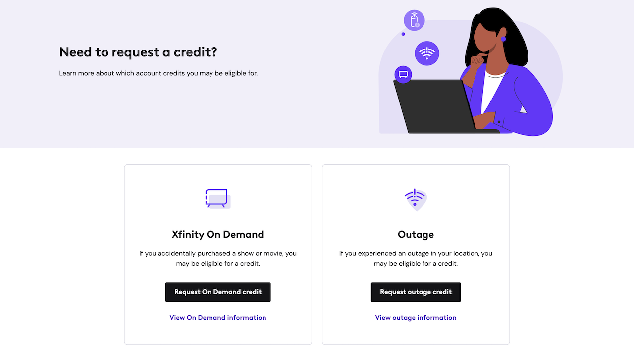 Página da web de solicitação de crédito de interrupção no site Xfinity