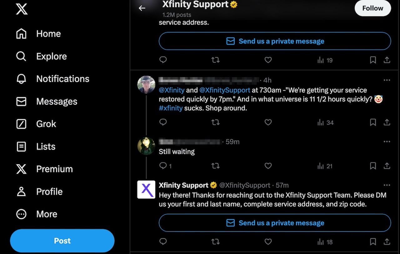 Página de suporte do Xfinity no X