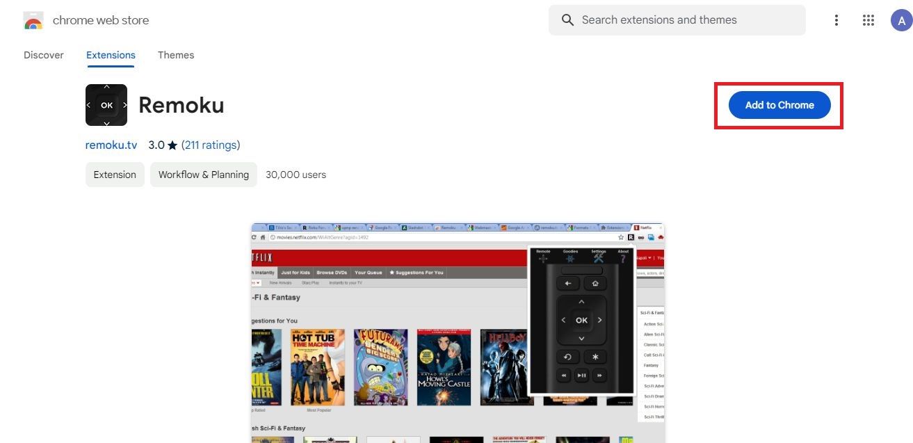 Captura de tela destacando Adicionar ao Chrome para a extensão Remoku