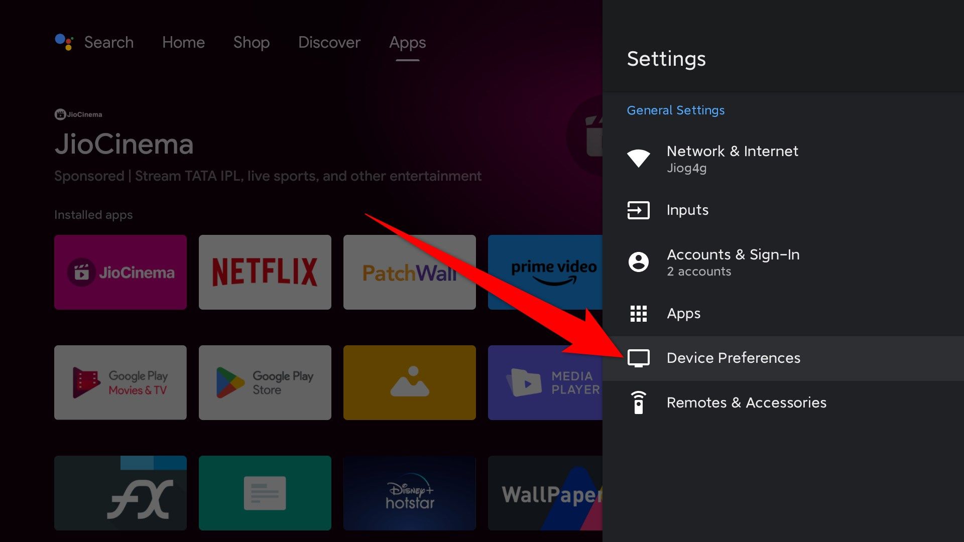 Opção de preferências do dispositivo no Android TV