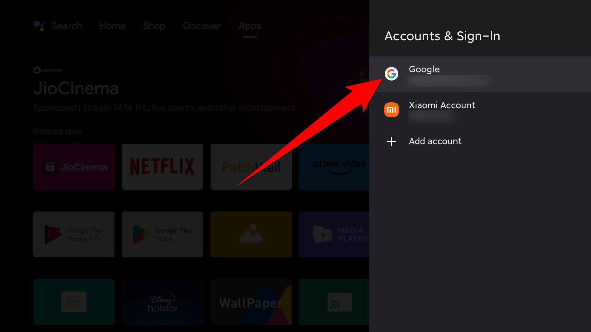 Selecione sua conta do Google em sua Android TV