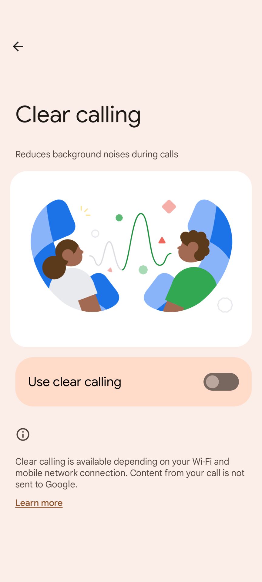 A chamada clara é desativada no aplicativo Pixel Settings