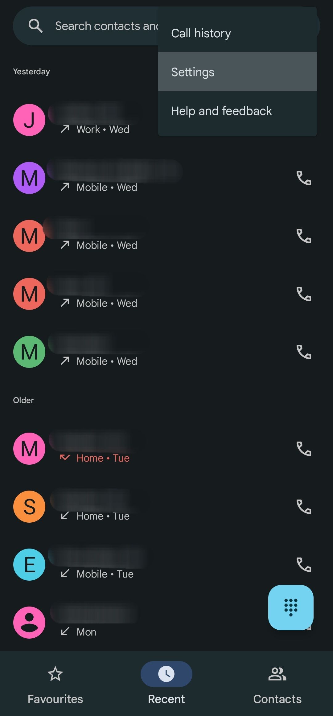 Tela de chamadas recentes do aplicativo Google Phone e botão mais