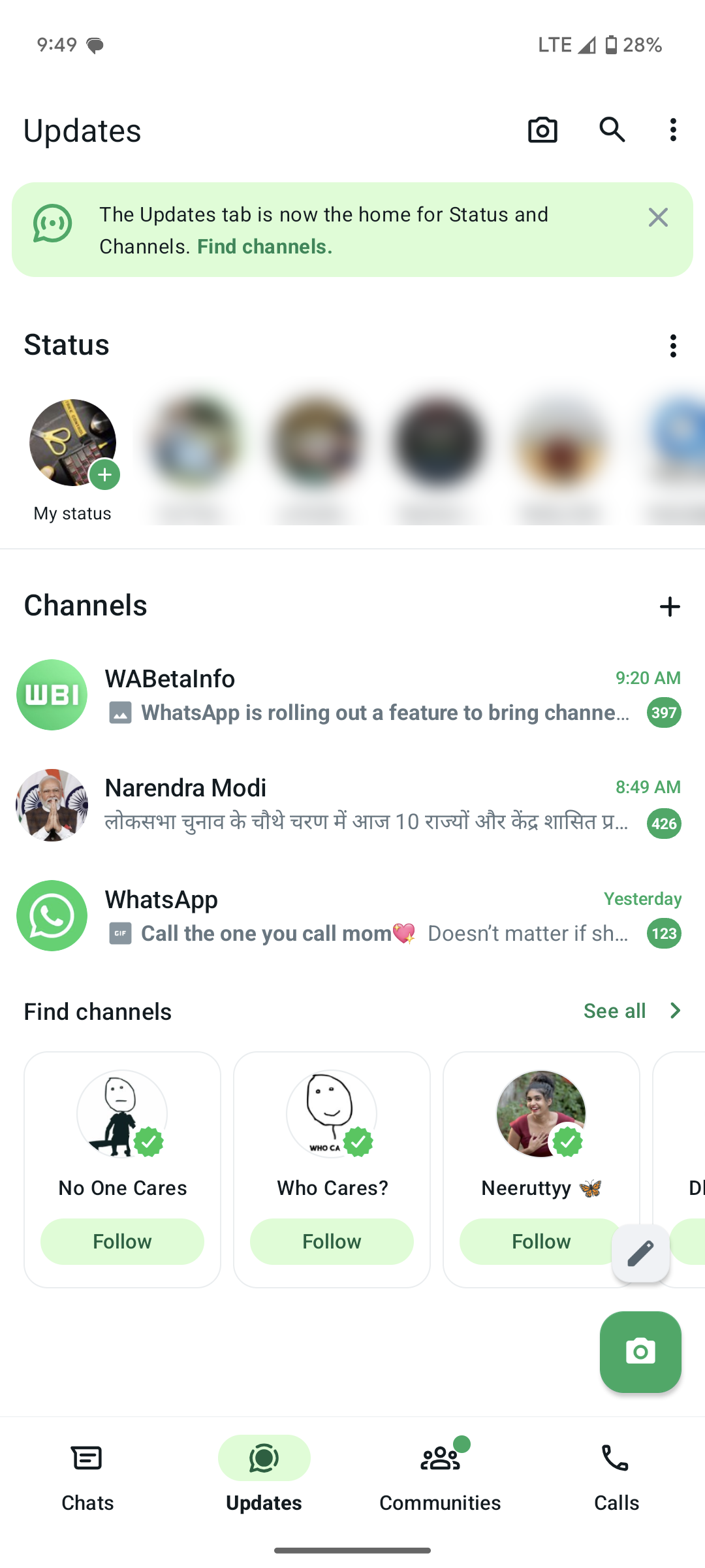Uma imagem do gerenciamento de canais do WhatsApp