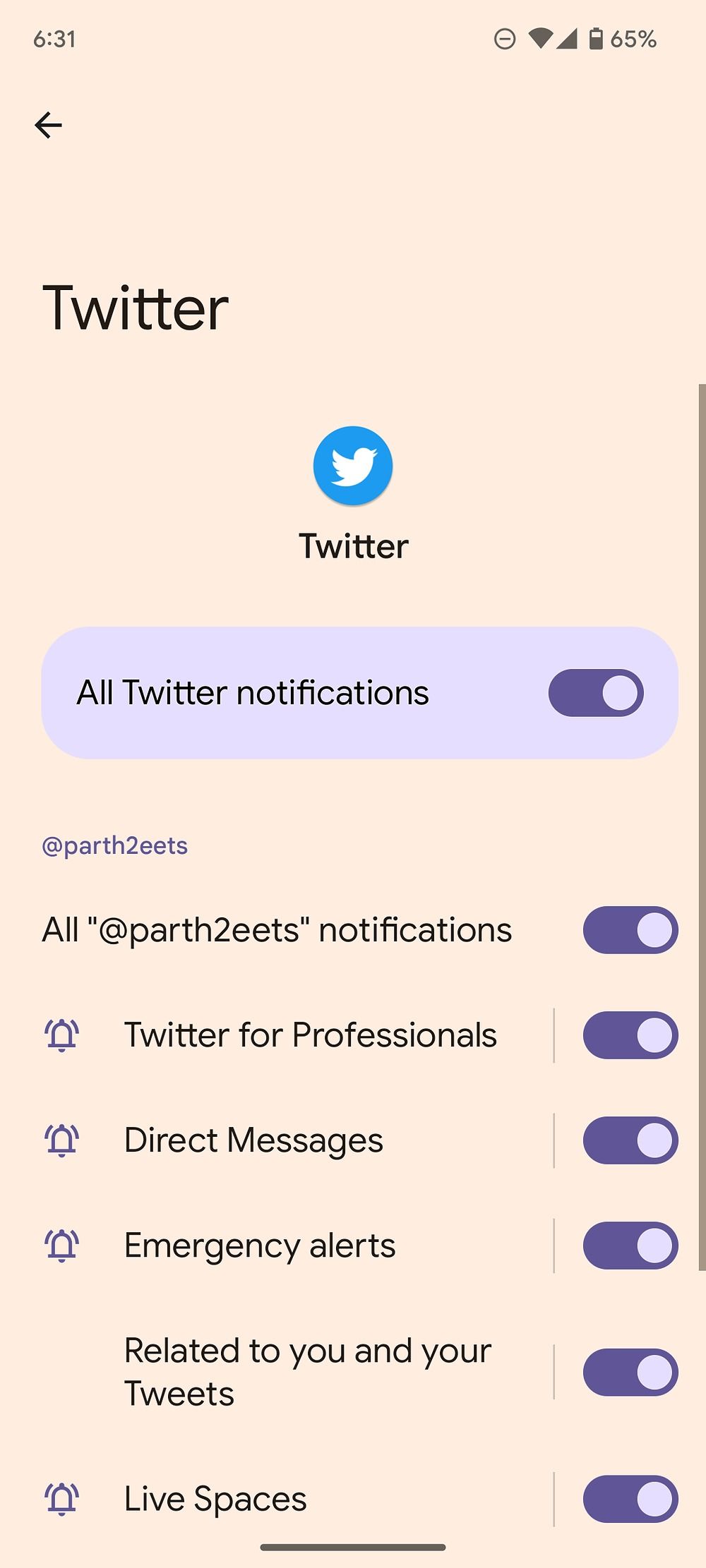 ativar canais de notificação do Twitter