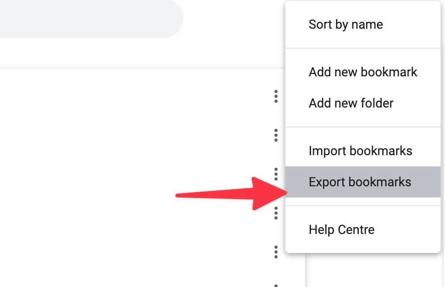 Uma seta vermelha apontando para o "Exportar favoritos" opção do menu de três pontos de favoritos no Google Chrome