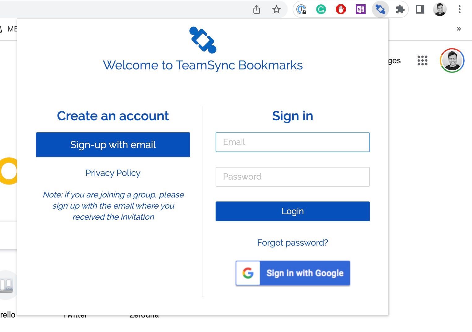 Configurando uma conta para a extensão TeamSync Bookmarks do Google Chrome