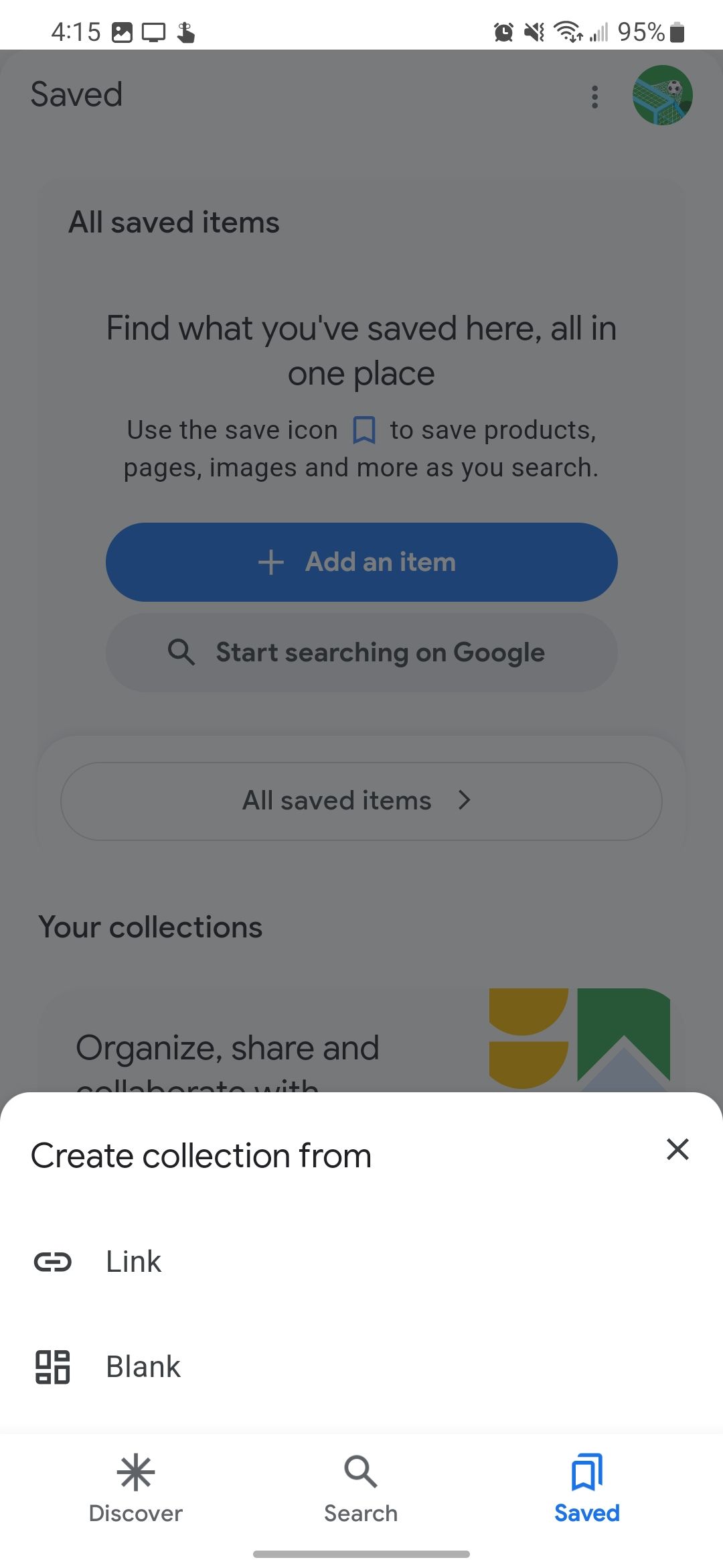 O "Criar coleção de" pop-up oferecendo a opção de criar uma coleção a partir de um link ou criar uma coleção em branco no Google app