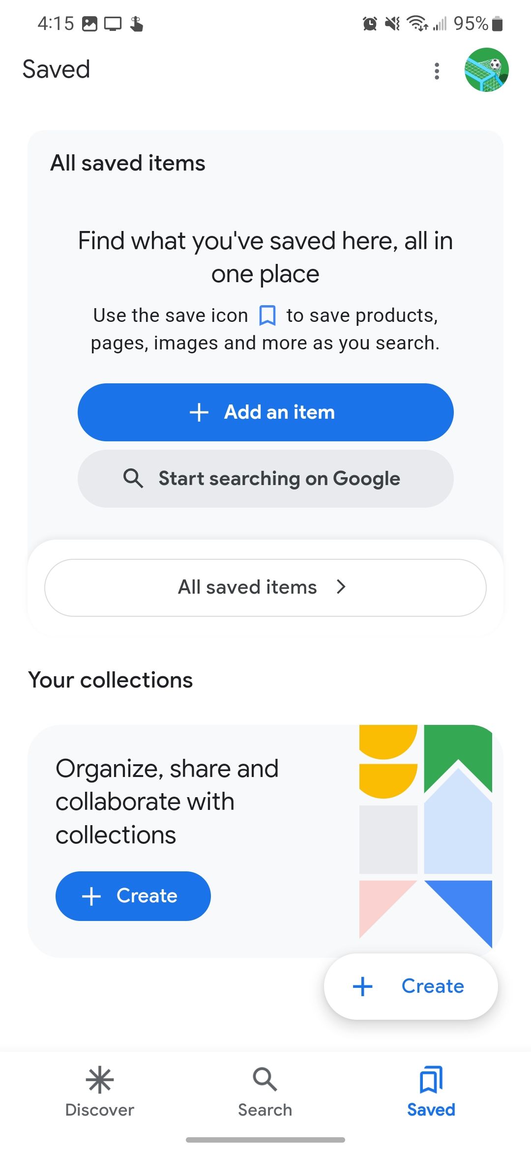 A guia Salvo no Google app sem coleções
