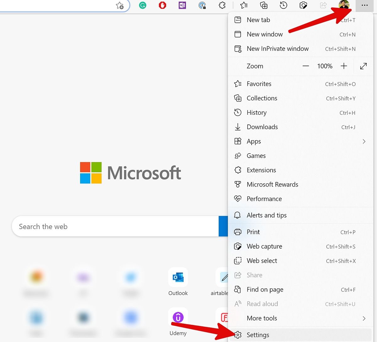 Menu do Microsoft Edge com duas setas vermelhas apontando para os três pontos no canto superior direito da tela e a opção Configurações no menu correspondente