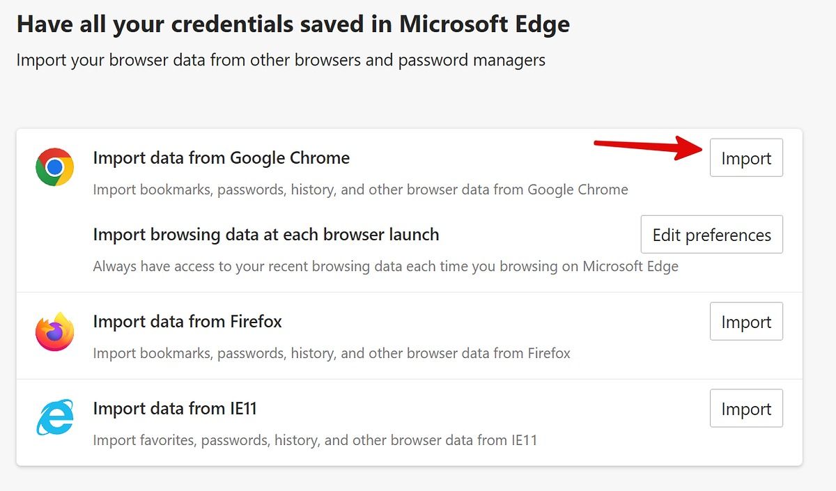 Uma seta vermelha apontando para o botão Importar próximo à opção Google Chrome na seção de importação de dados das configurações do Microsoft Edge