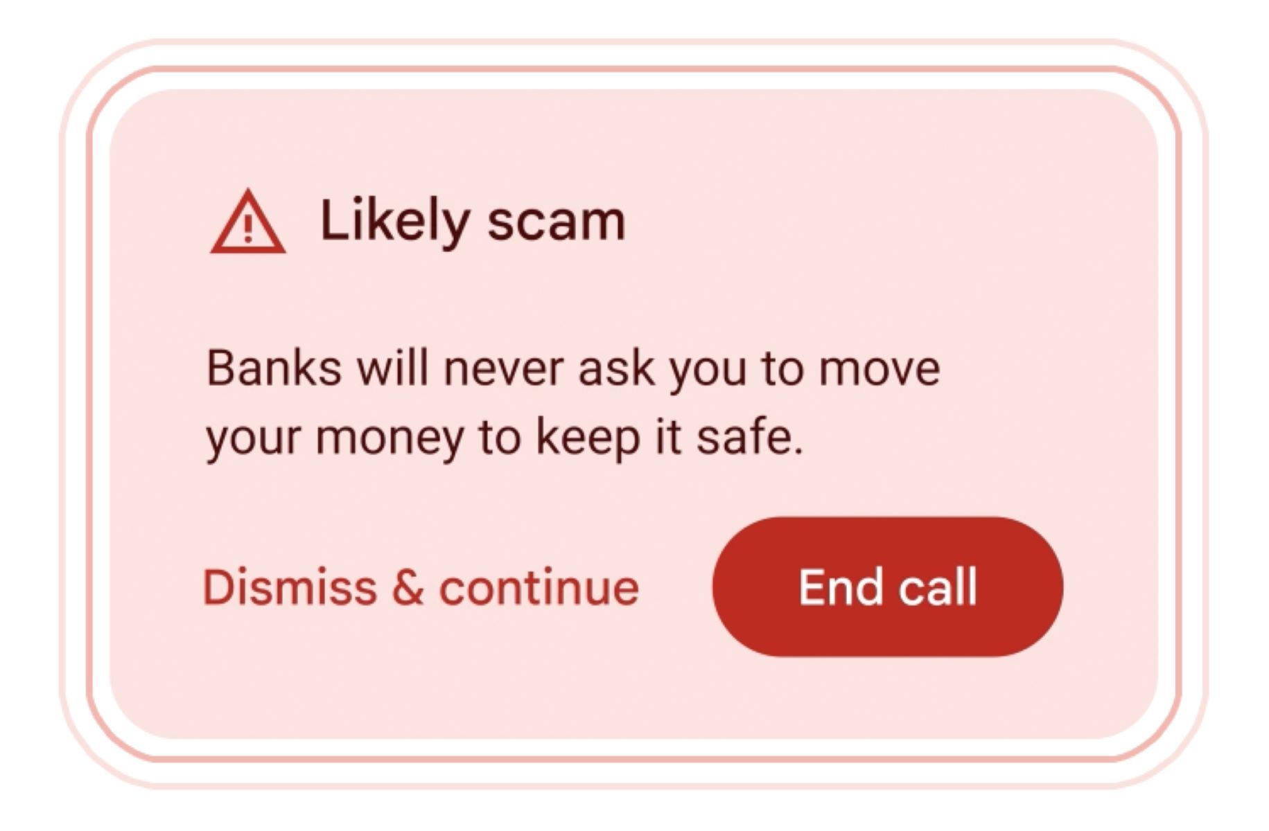 Detecção de fraude Gemini mostrando um aviso de que a chamada provavelmente é uma fraude e oferecendo opções para ignorar e continuar ou encerrar a chamada.