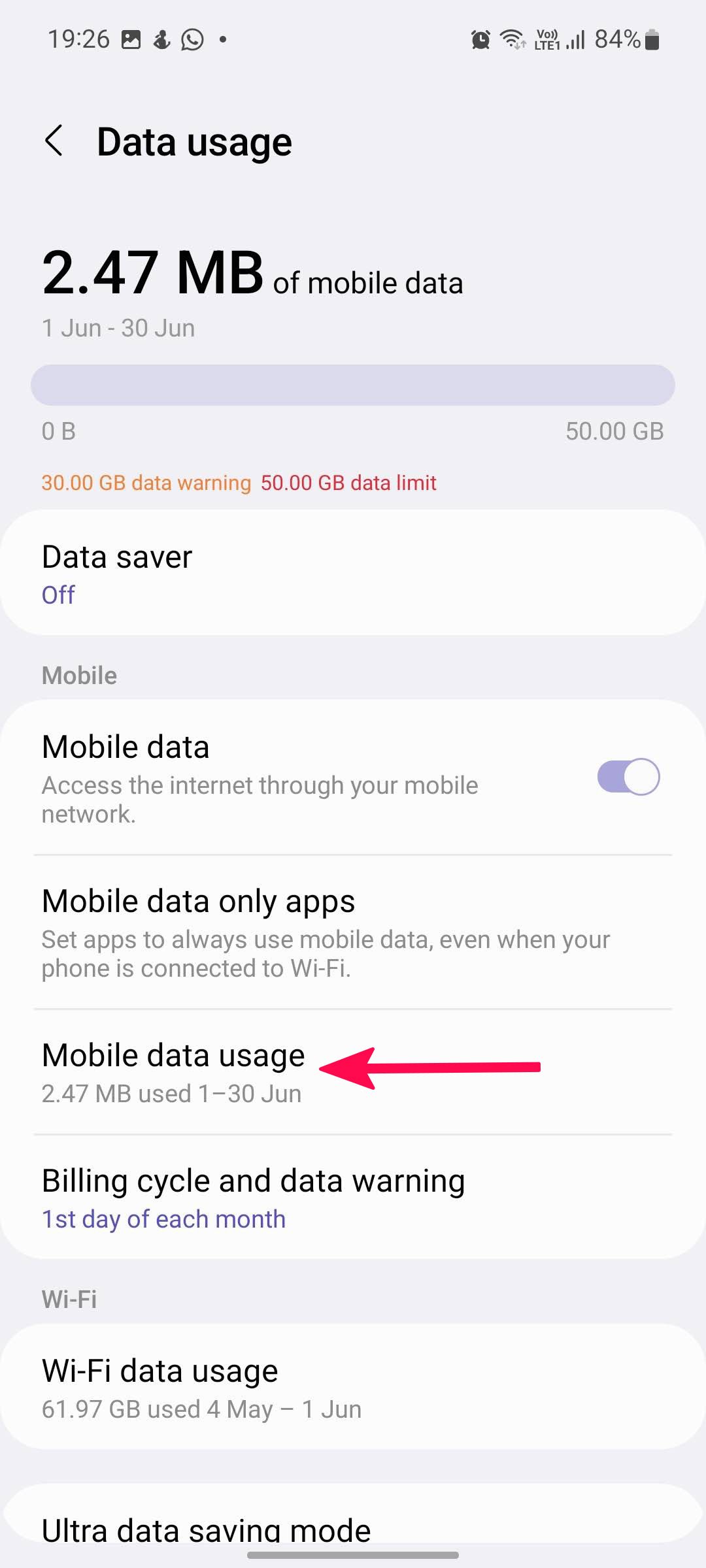 consumo de dados móveis em telefones Samsung