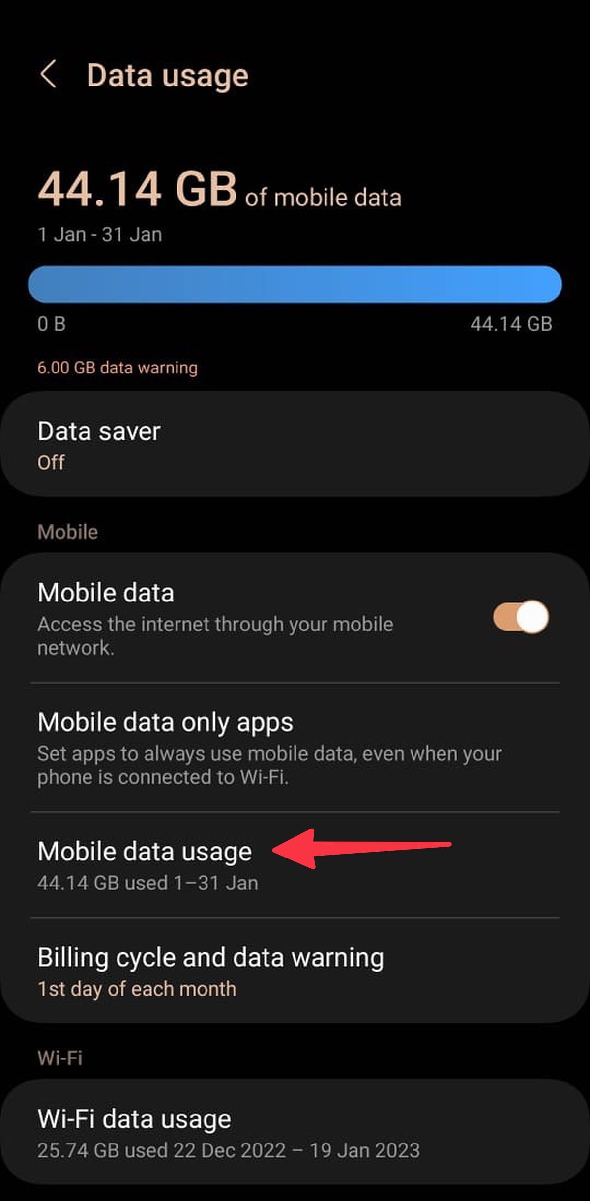 abra o uso de dados móveis no Samsung