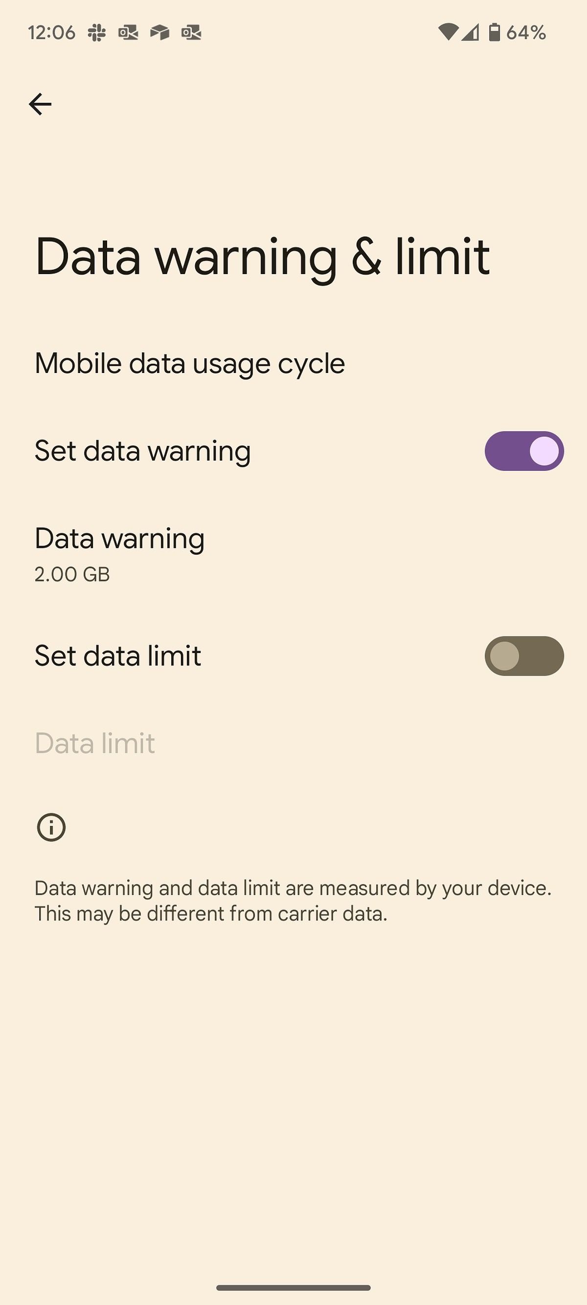 aviso e limite de dados no Android
