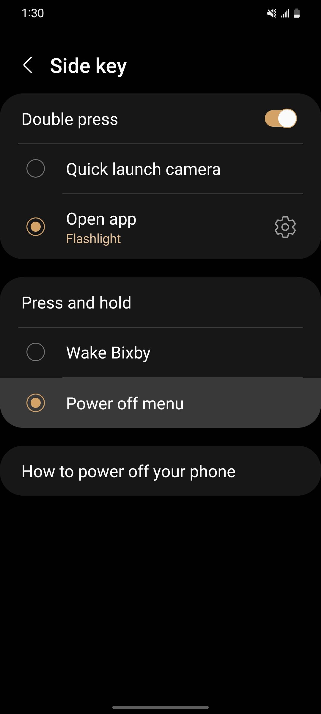Desativando Bixby em um telefone Samsung Galaxy selecionando a configuração do menu Desligar