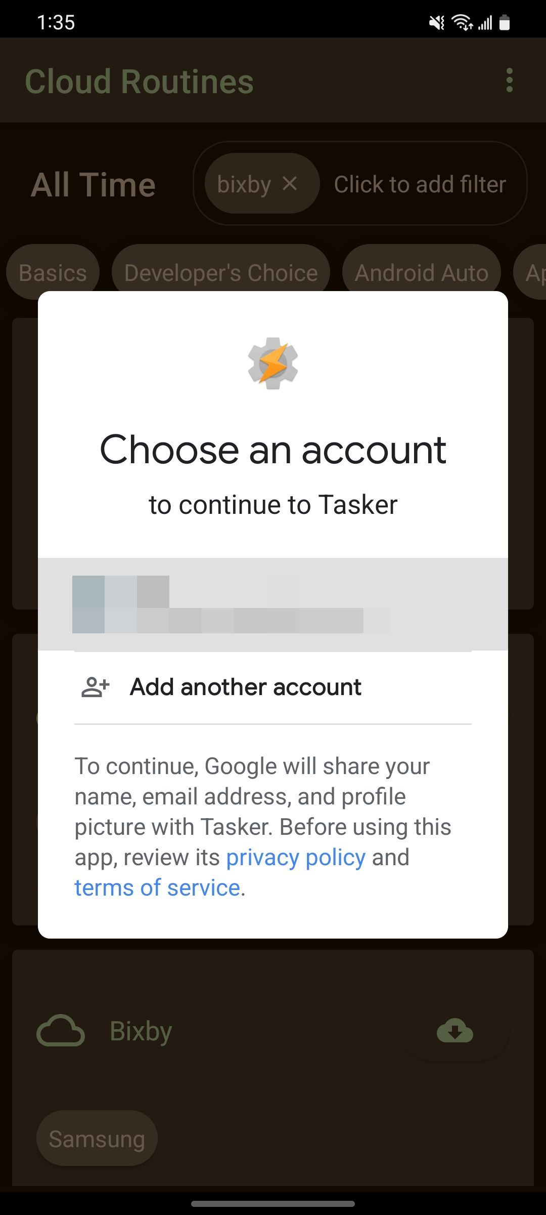 Escolhendo com qual conta do Google fazer login no aplicativo Tasker