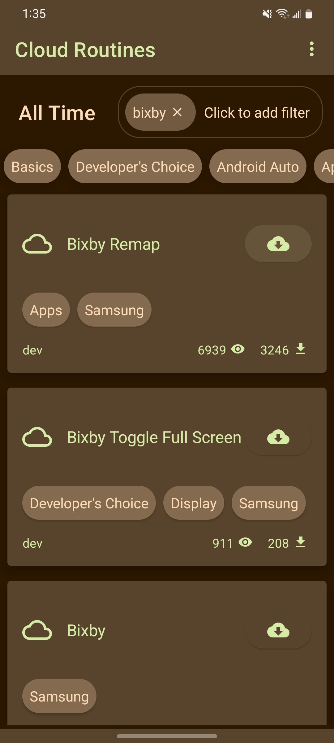 Procurando e se preparando para baixar a rotina Bixby Remap no aplicativo Tasker