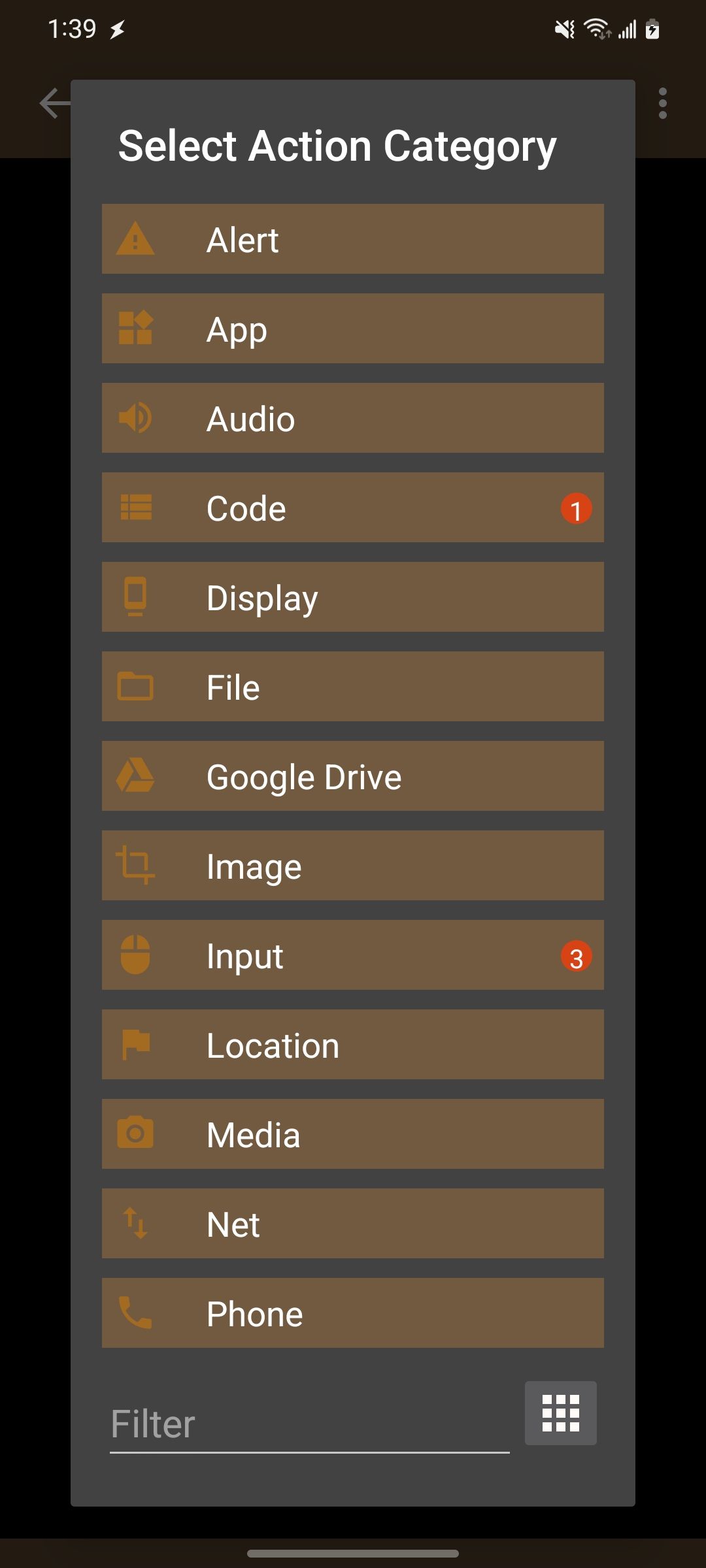 A tela principal para selecionar qual ação usar no aplicativo Tasker