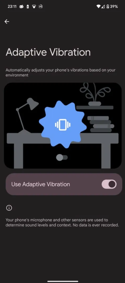 Uma captura de tela das configurações de vibração adaptativa.