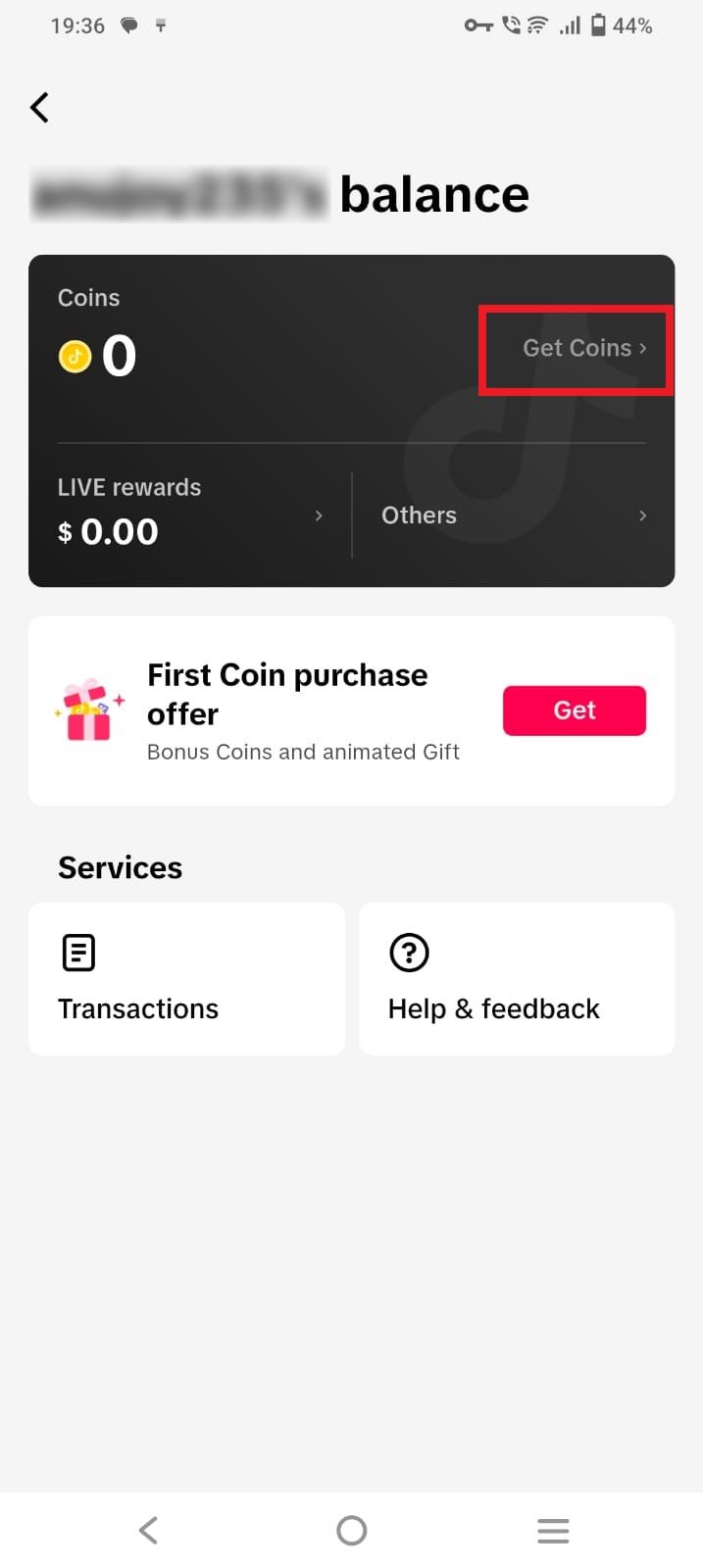 Captura de tela destacando Obtenha moedas no aplicativo TikTok