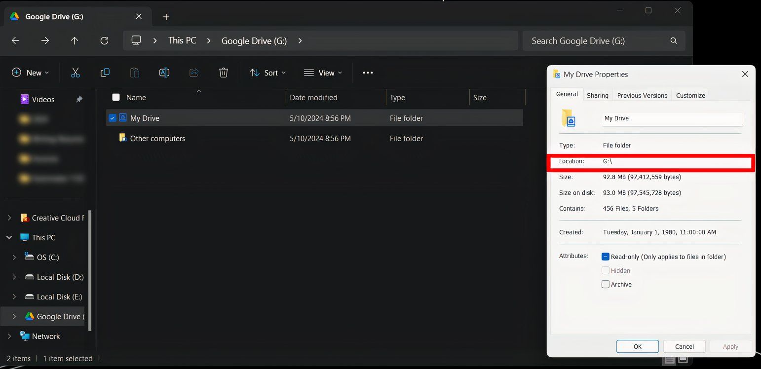 Janela do Windows Explorer com as propriedades de "Minha unidade" no Google Drive, detalhando sua localização