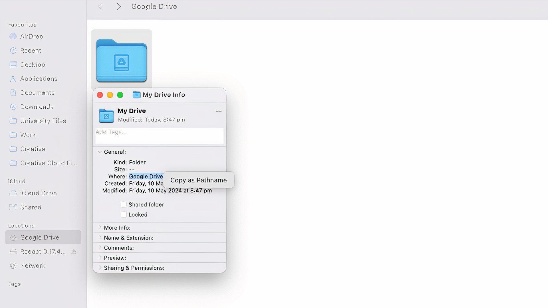 Janela do macOS Finder mostrando as informações para "Minha unidade" no Google Drive, indicando sua localização