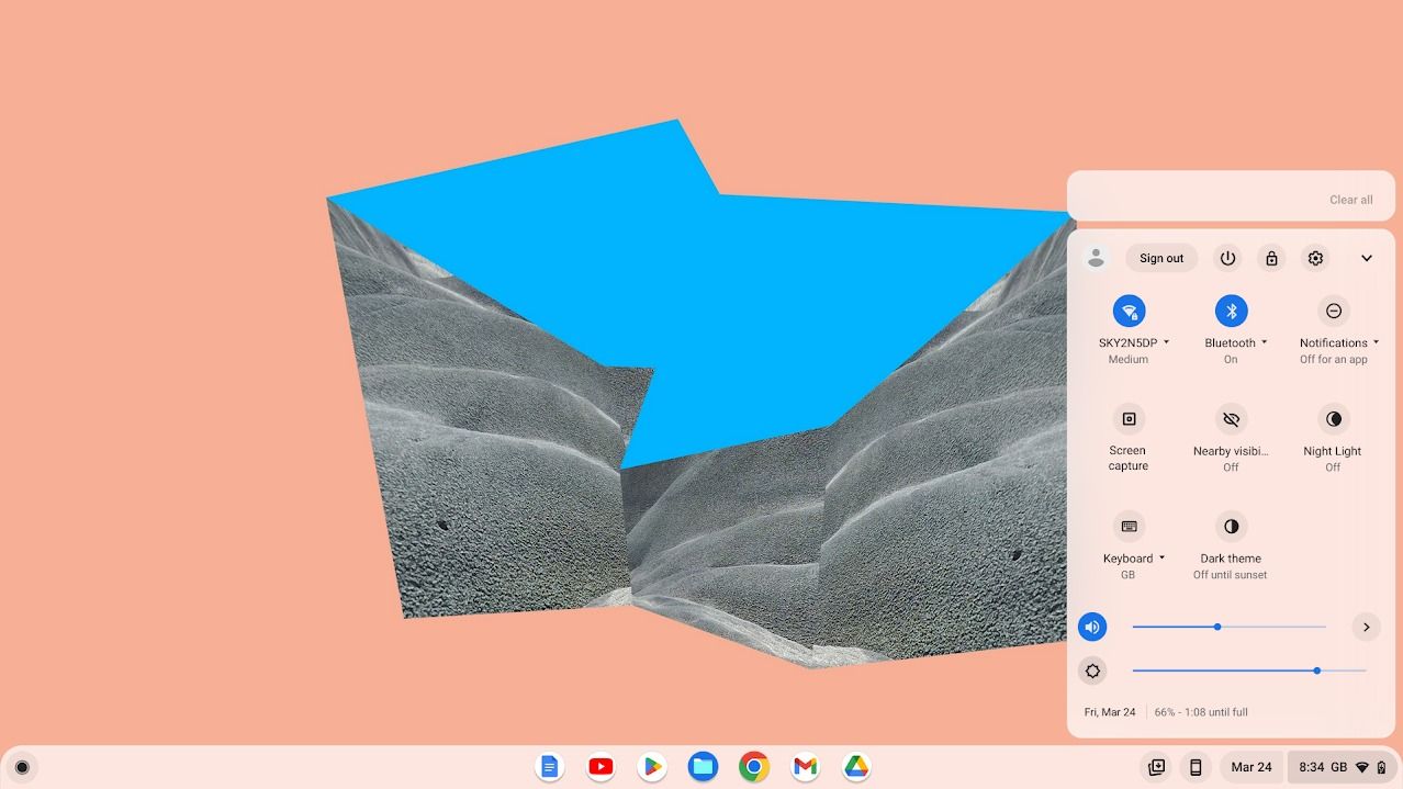 Tela inicial do Chrome OS com barra de status expandida