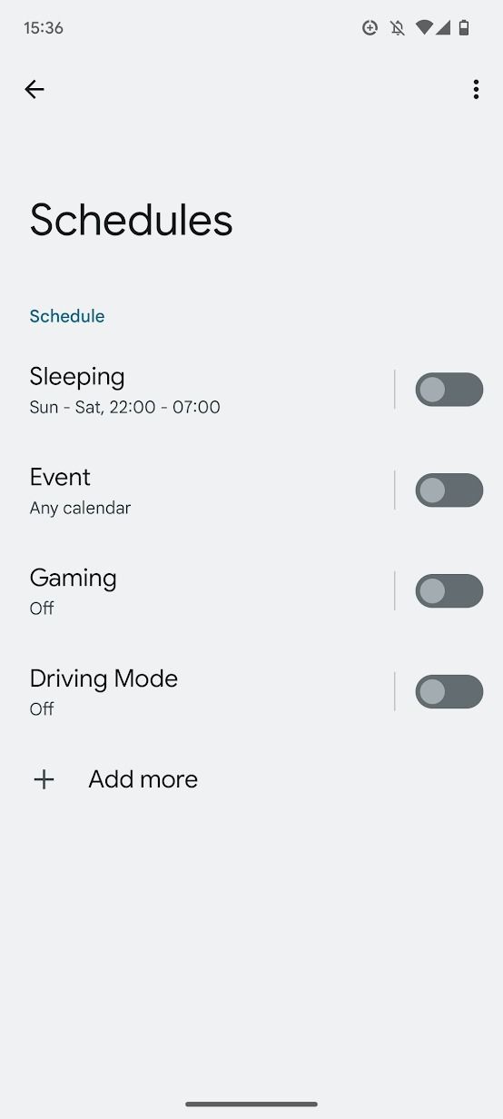menu de configurações do Android 13 para horários não perturbe