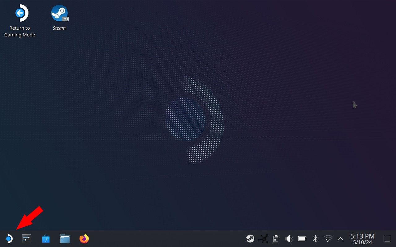 seta sólida vermelha apontando para o ícone do Steam no modo desktop