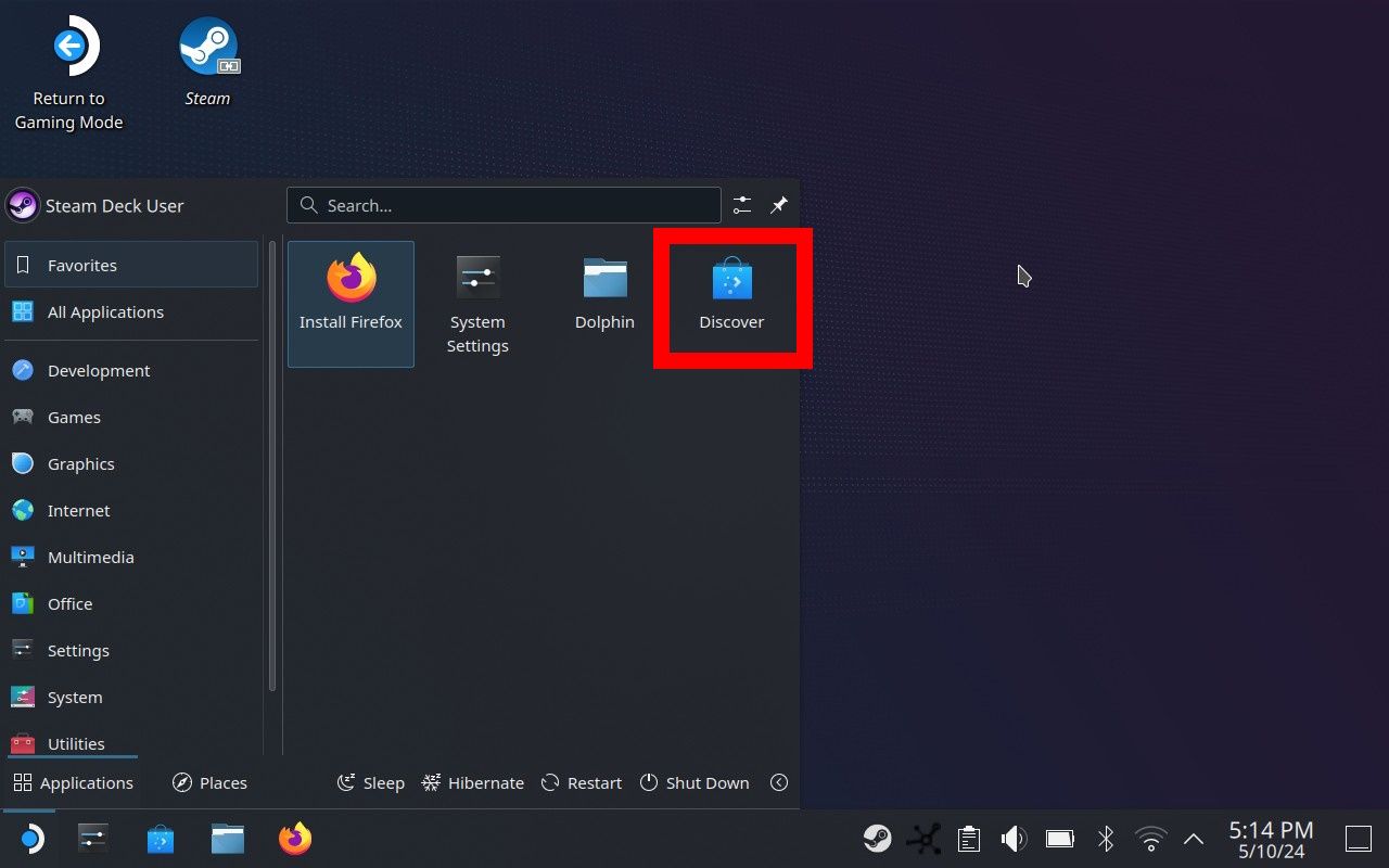 caixa retangular vermelha sobre o aplicativo Discover no Steam OS