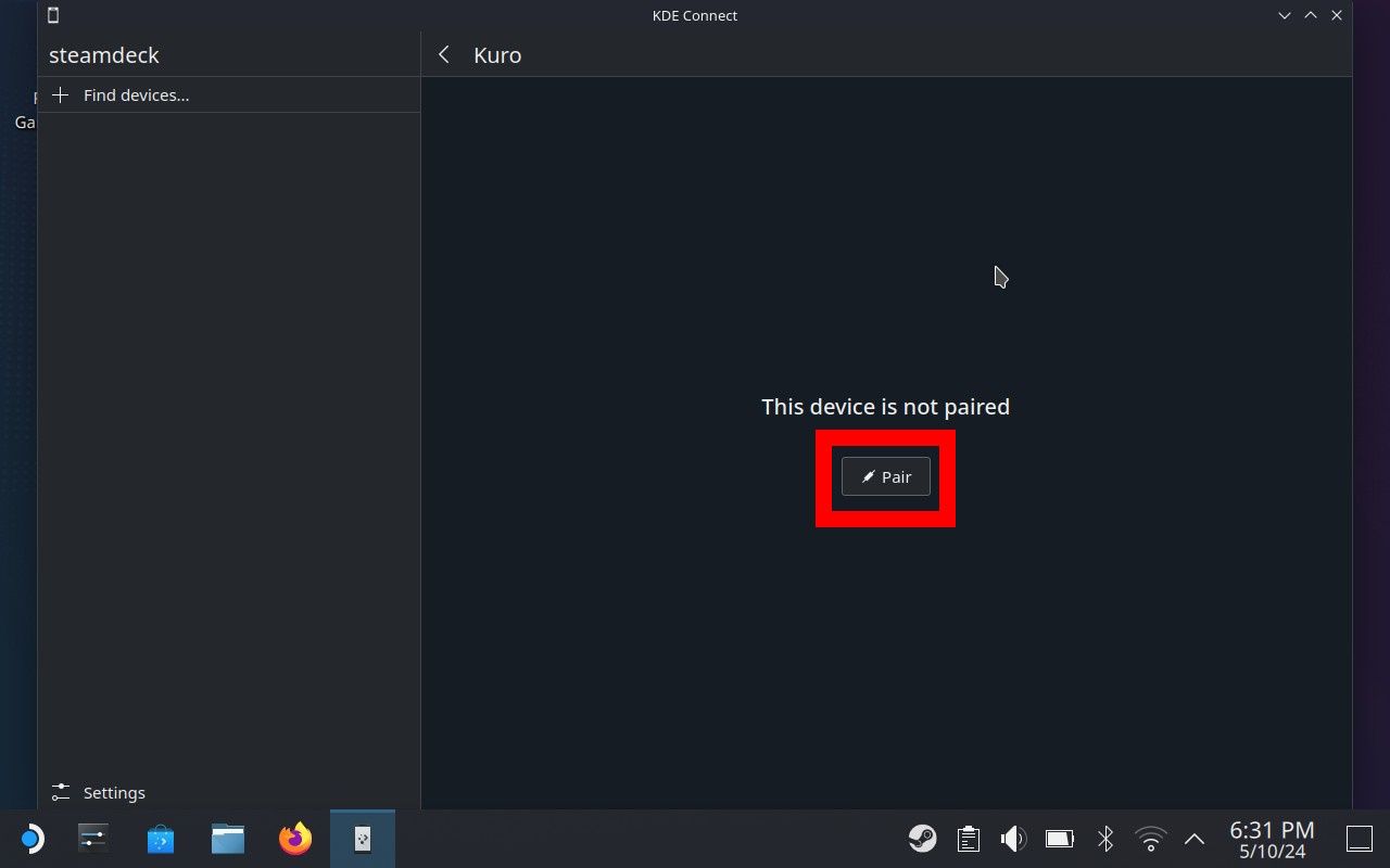 contorno de retângulo vermelho sobre a opção de par no kde connect no Steam OS