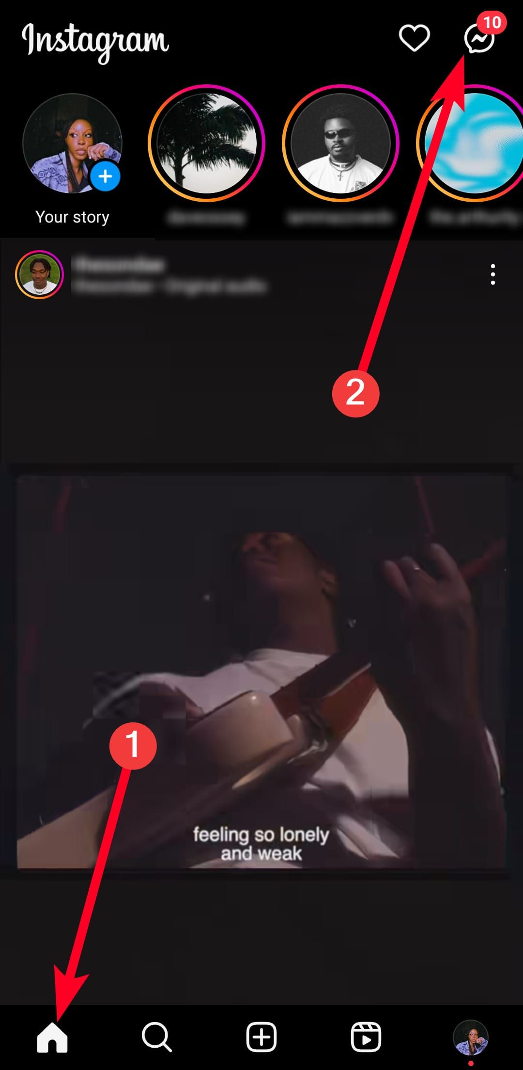 duas setas sólidas vermelhas marcadas como um e dois apontando para o atalho do menu inicial do Instagram no aplicativo